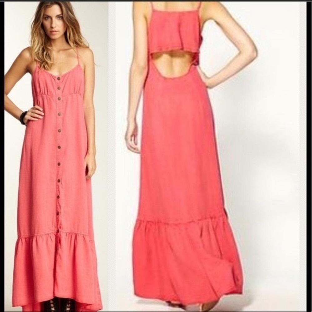 Free People Sz M Tiered Boho Beachy Prairie Fairy Feminine Maxi Dress Pink Coral